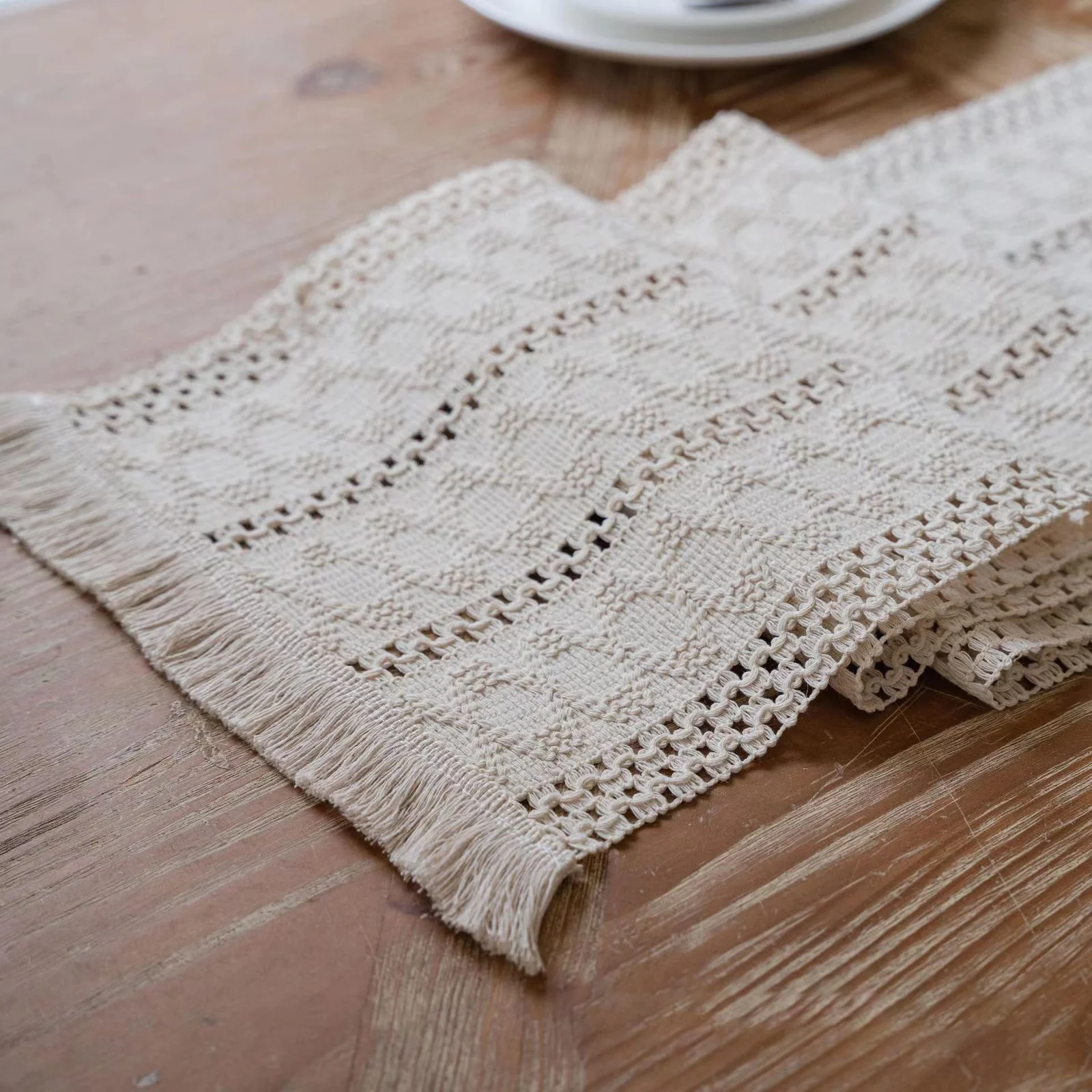 2-PCS White Bohemian Woven Table Runner with Tassels - Rustic Farmhouse Decor for Dining & Coffee Tables