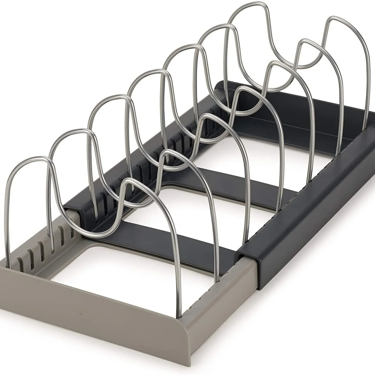 Grey Expandable Pan & Pot Lid Organizer Rack - Adjustable Kitchen Cabinet Storage Holder for Bakeware & Cutting Boards