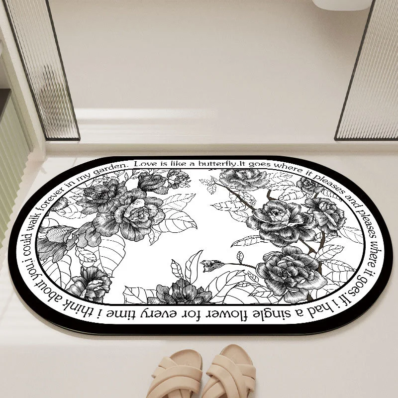 Elegant Floral Print Absorbent Floor Mat - Quick Dry, Non-Slip, Easy Clean Bathroom & Entryway Rug(Black and White)