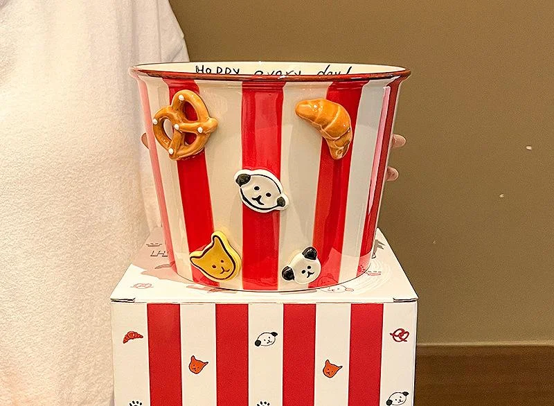 Charming Striped Ceramic Instant Noodle Bowl with 3D Accents & Happy every day!" Message(red)"