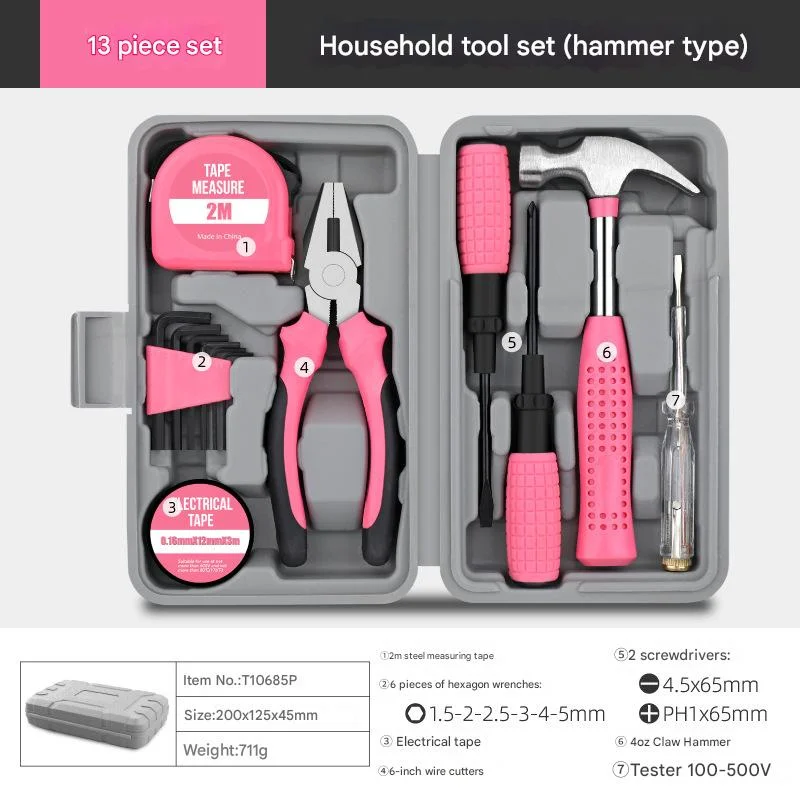 13-Piece Essential Household Tool Kit - Compact Home Repair & DIY Set with Storage Case(pink)
