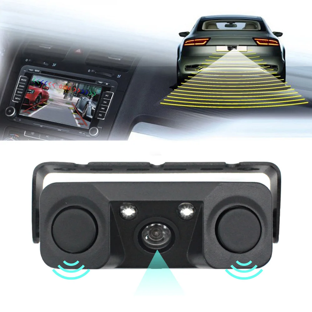3-in-1 Car Reversing Camera & Parking Sensor System with Monitor - License Plate Frame Mount, Waterproof & Night Vision(black)