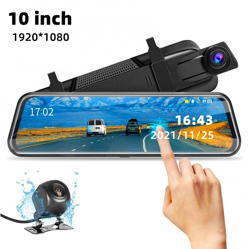 10-Inch Dual Lens Dash Cam Mirror - 1080P FHD Touch Screen Car DVR with Rear Camera, Night Vision & G-Sensor(black)
