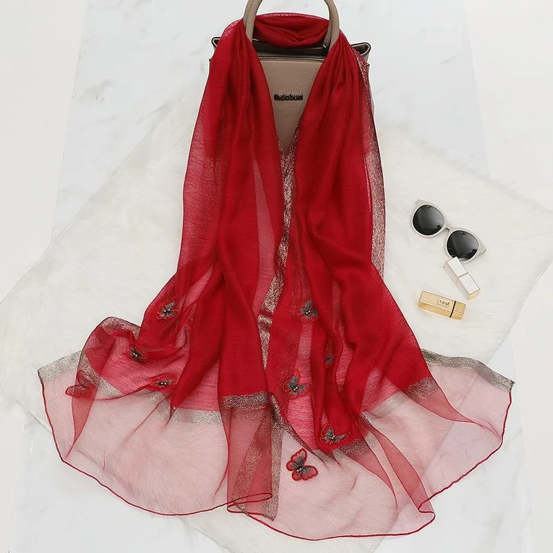 Elegant Butterfly Embroidered Scarf Shawl - Large Soft Silk Blend Wrap for Women(Red)