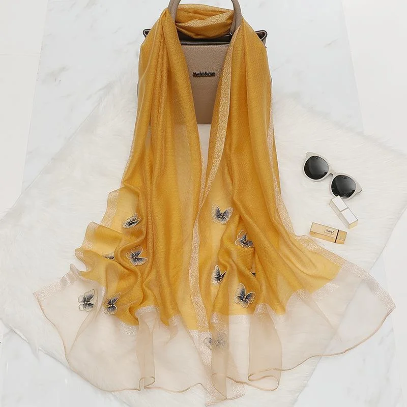 Elegant Butterfly Embroidered Scarf Shawl - Large Soft Silk Blend Wrap for Women(Yellow)