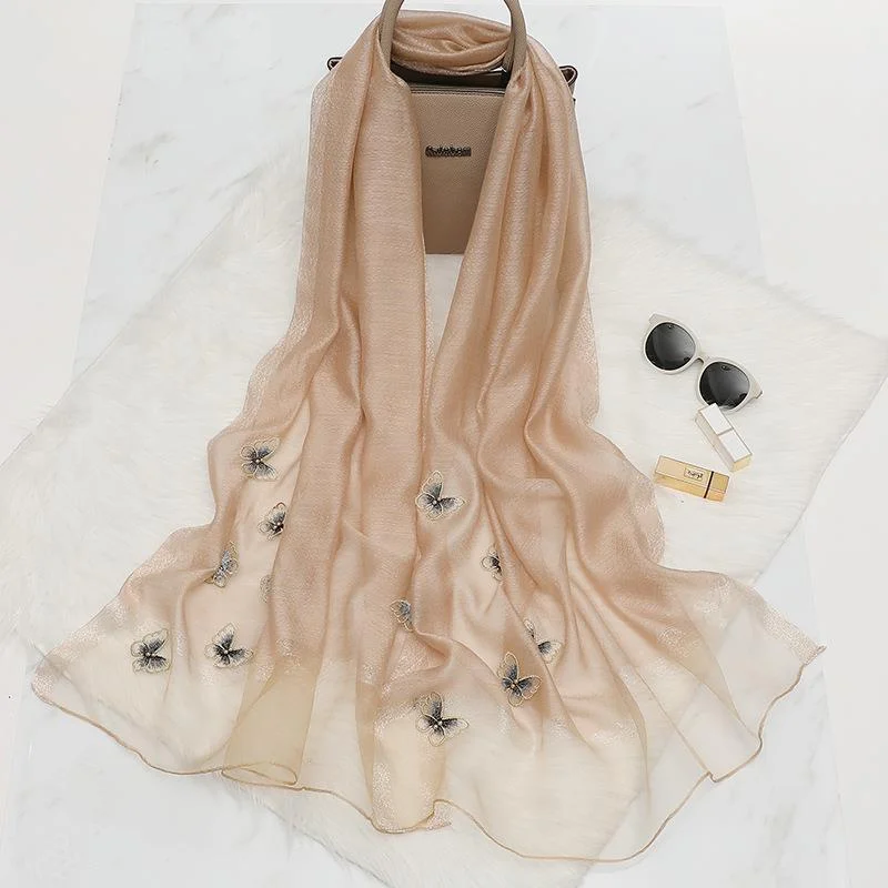 Elegant Butterfly Embroidered Scarf Shawl - Large Soft Silk Blend Wrap for Women(Khaki)