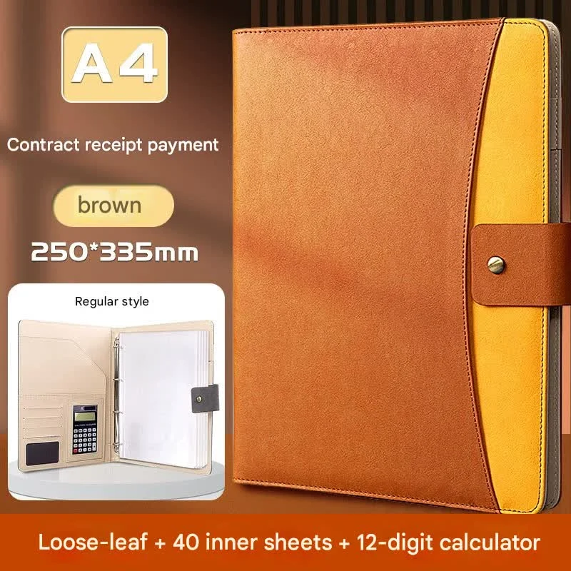 A4 PU Leather Business Portfolio with Ring Binder, Calculator & 40 Sleeves(brown)