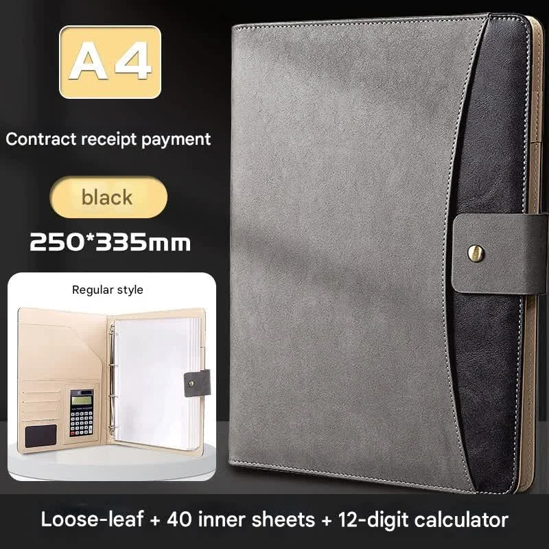 A4 PU Leather Business Portfolio with Ring Binder, Calculator & 40 Sleeves(grey and black)
