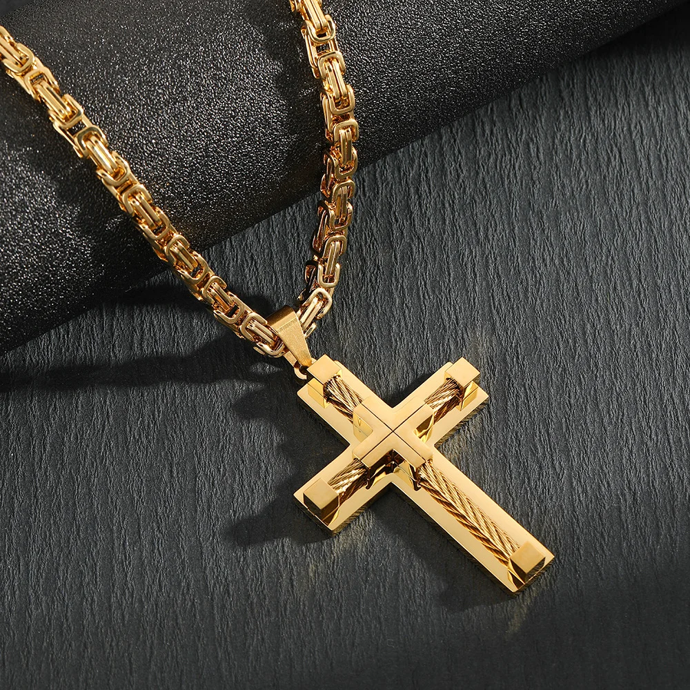 Men's Stainless Steel Layered Cross Pendant with Byzantine Chain - Fashion Statement Necklace(Gold)