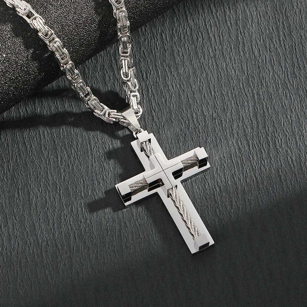 Men's Stainless Steel Layered Cross Pendant with Byzantine Chain - Fashion Statement Necklace(silver)