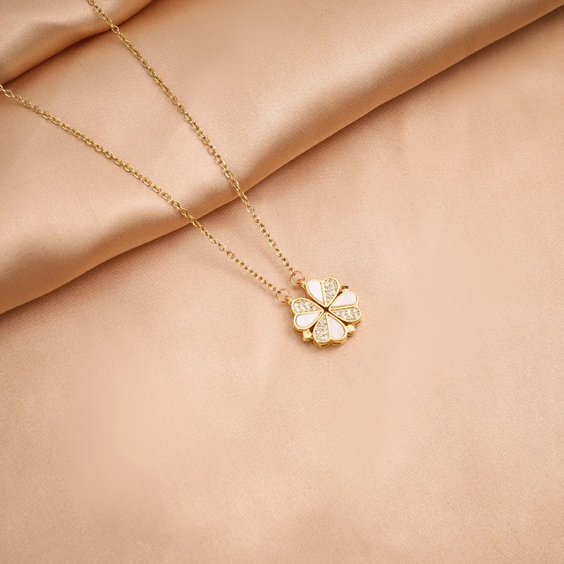 S925 Sterling Silver 2-in-1 Magnetic Convertible Clover to Hearts Pendant Necklace(gold)