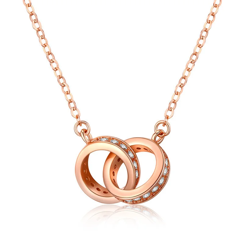2pc Elegant Interlocking Rings Pendant Necklace with Zirconia Accents - Copper Base, Minimalist Jewelry(Rose gold)
