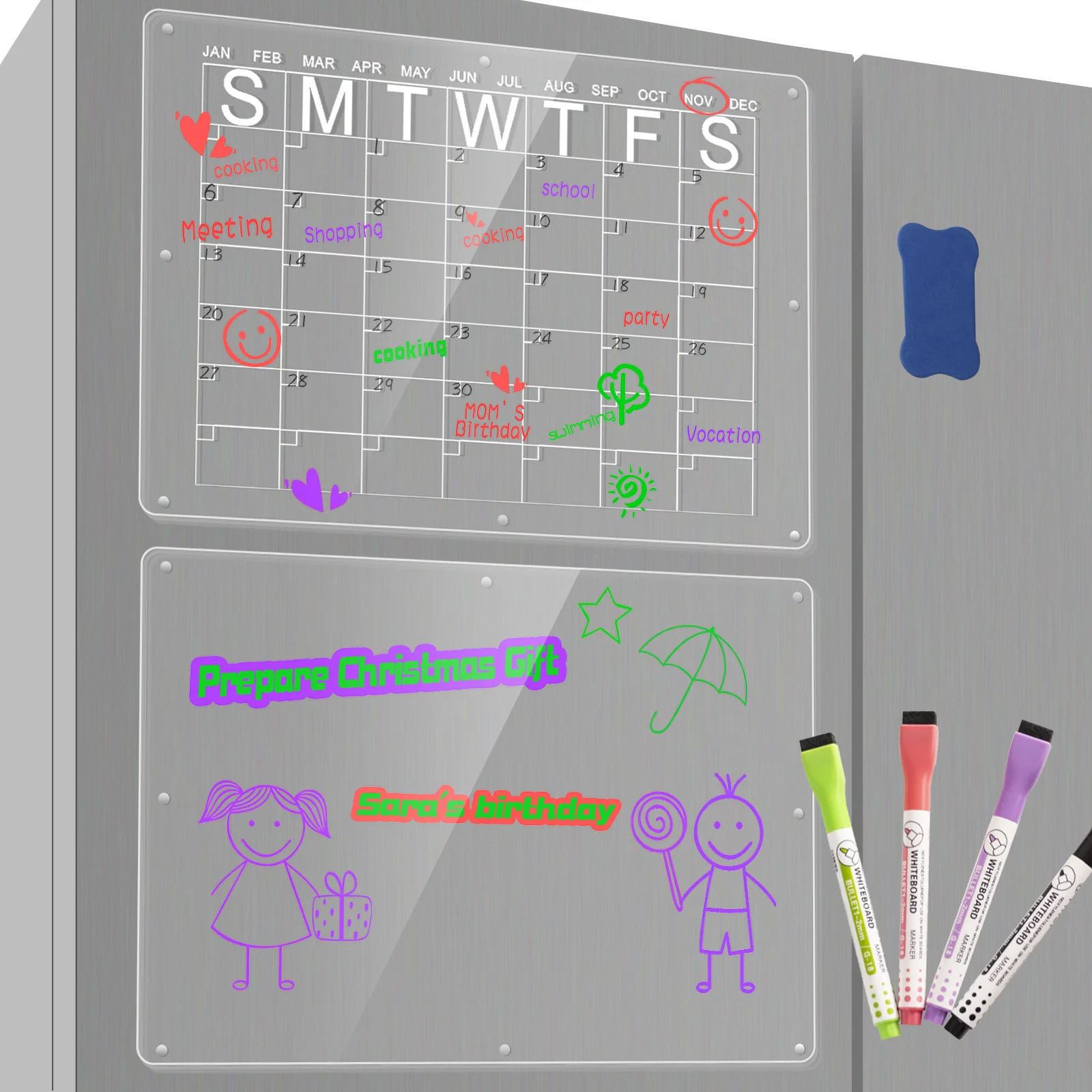 Magnetic Acrylic Fridge Calendar & Memo Board Set - Dry Erase Planner with Markers & Eraser(43*30cm 3mm)