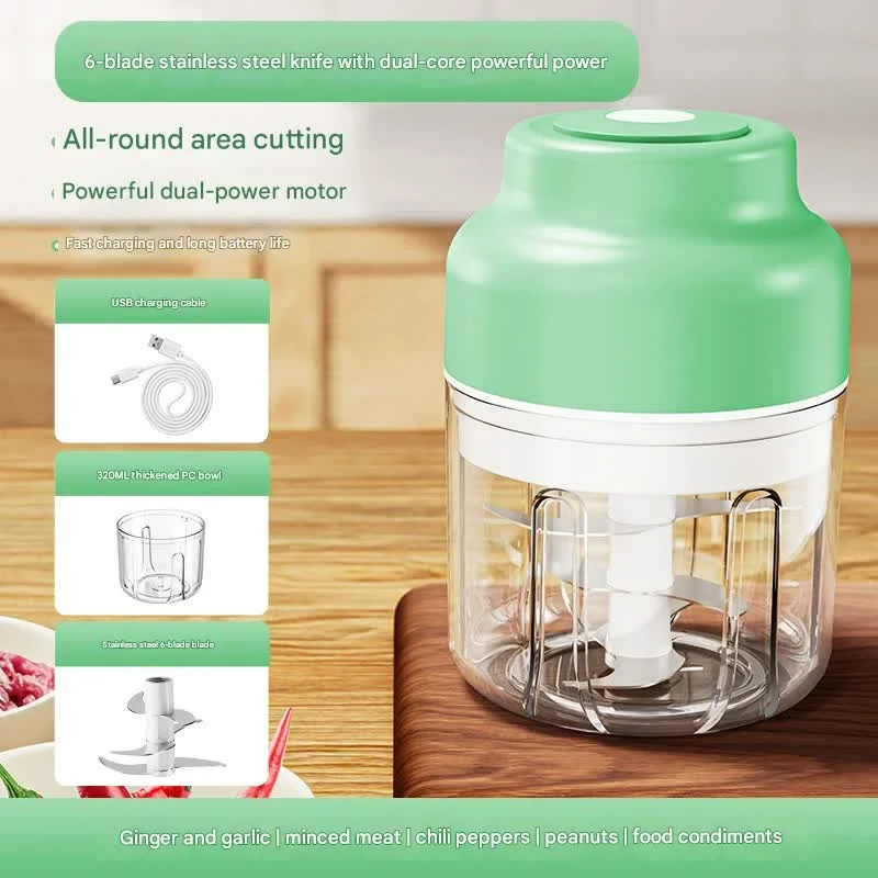 Powerful Mini Electric Food Chopper - USB Rechargeable Cordless Garlic & Meat Mincer(green 320ml + 6-blade knife)