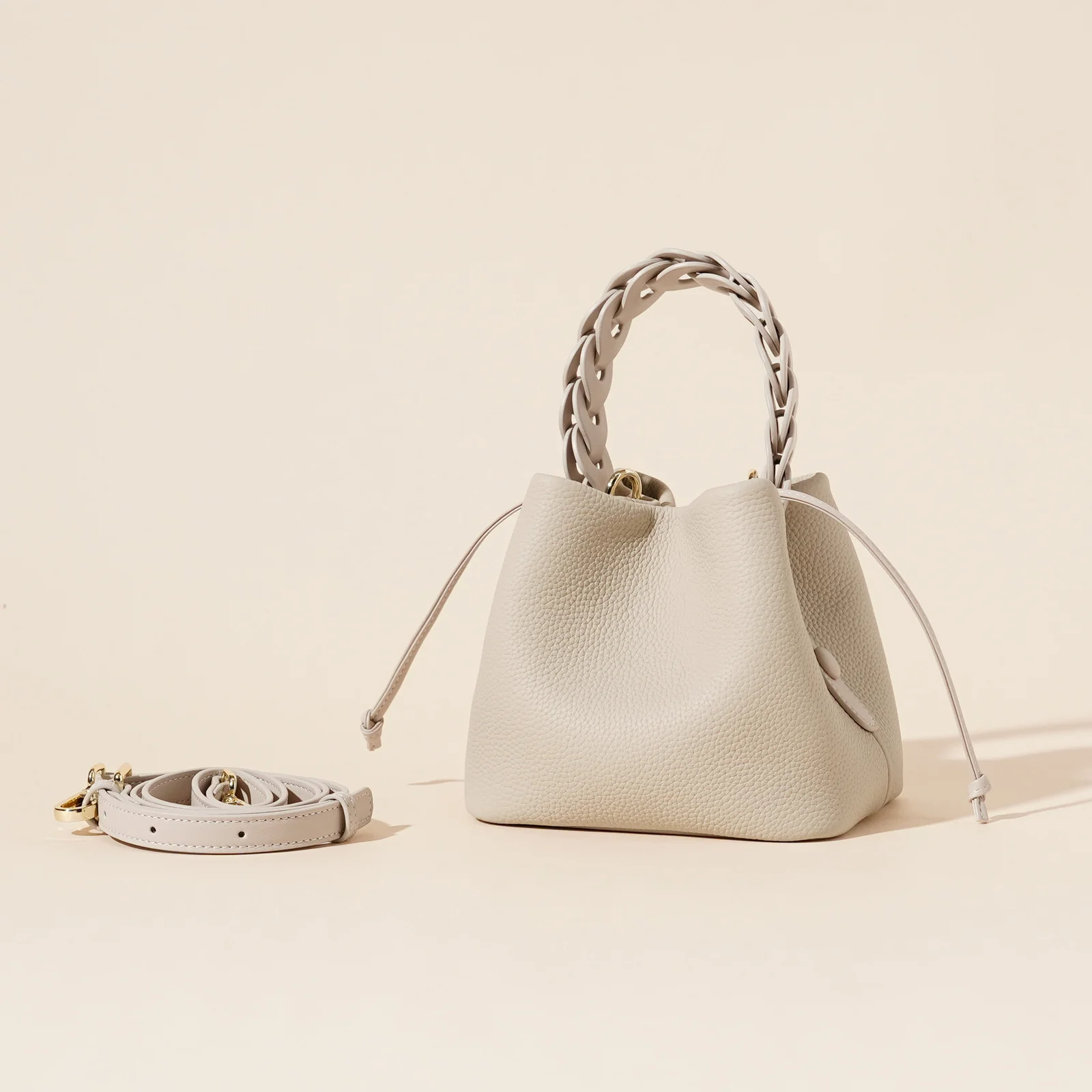 Genuine Leather Mini Bucket Bag with Braided Handle - Chic Drawstring Crossbody Purse(white)