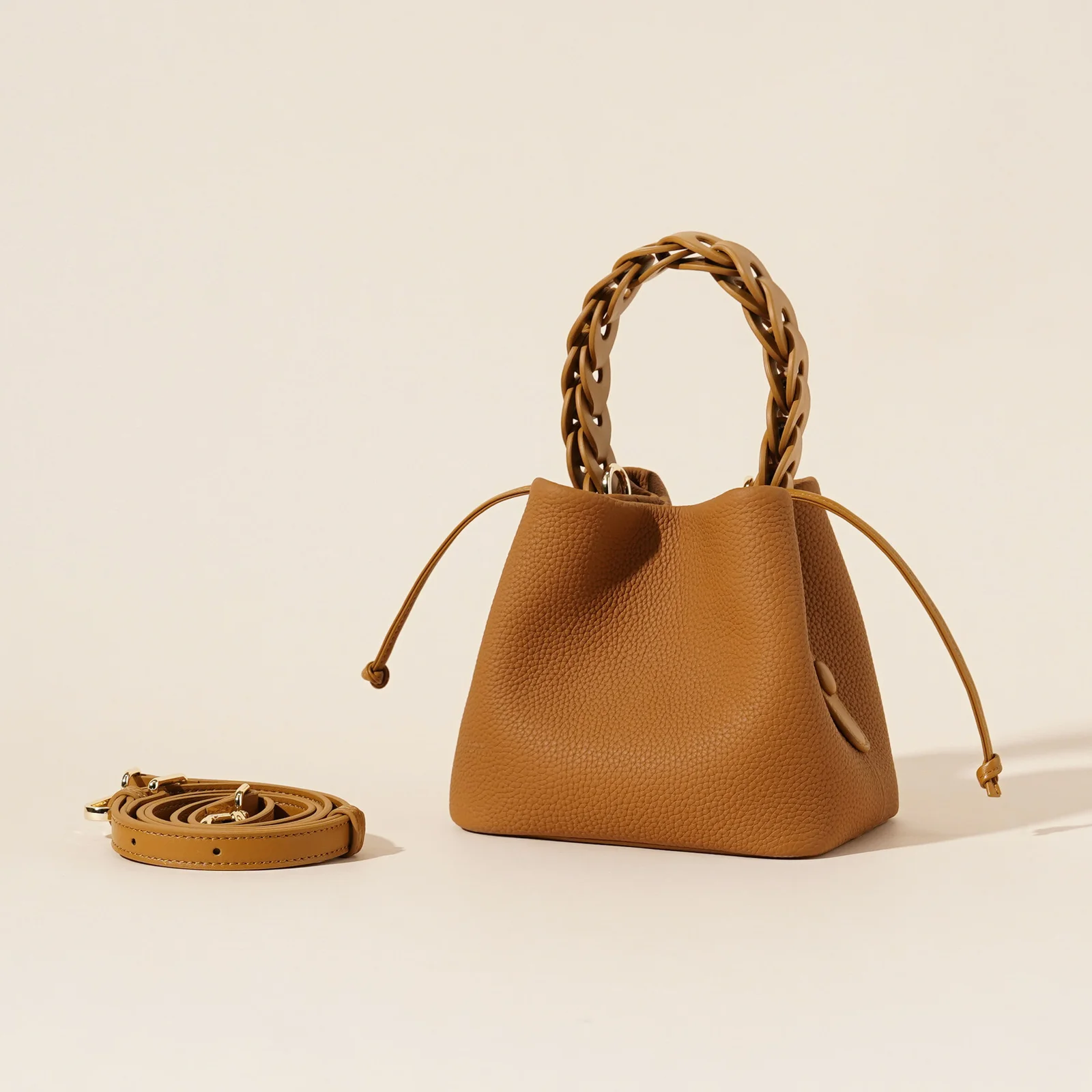 Genuine Leather Mini Bucket Bag with Braided Handle - Chic Drawstring Crossbody Purse(Biscuit)