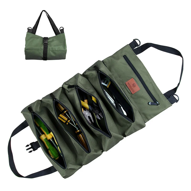Heavy-Duty Canvas Tool Roll Up Bag & Organizer Tote - Multi-Pocket Wrench & Tool Pouch(Green)