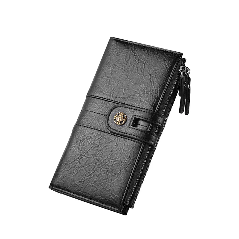 Black Men's Vintage PU Leather Long Wallet - High Capacity Dual Zipper Clutch with Phone & Card Slots