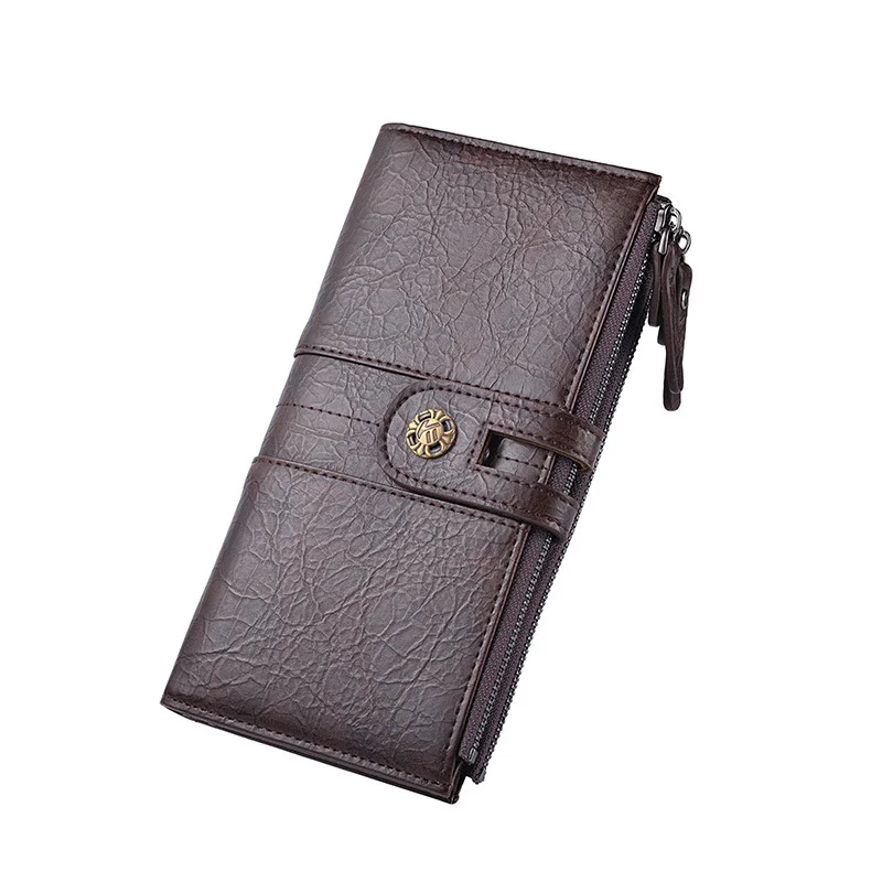 Coffee Men's Vintage PU Leather Long Wallet - High Capacity Dual Zipper Clutch with Phone & Card Slots