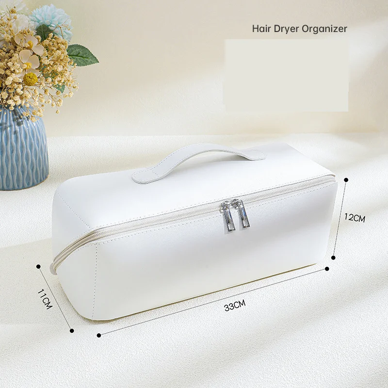 White Premium PU Leather Travel Case for Hair Styling Tools - Double Layer Waterproof Organizer Bag for Hair Dryer, Curler & Straightener