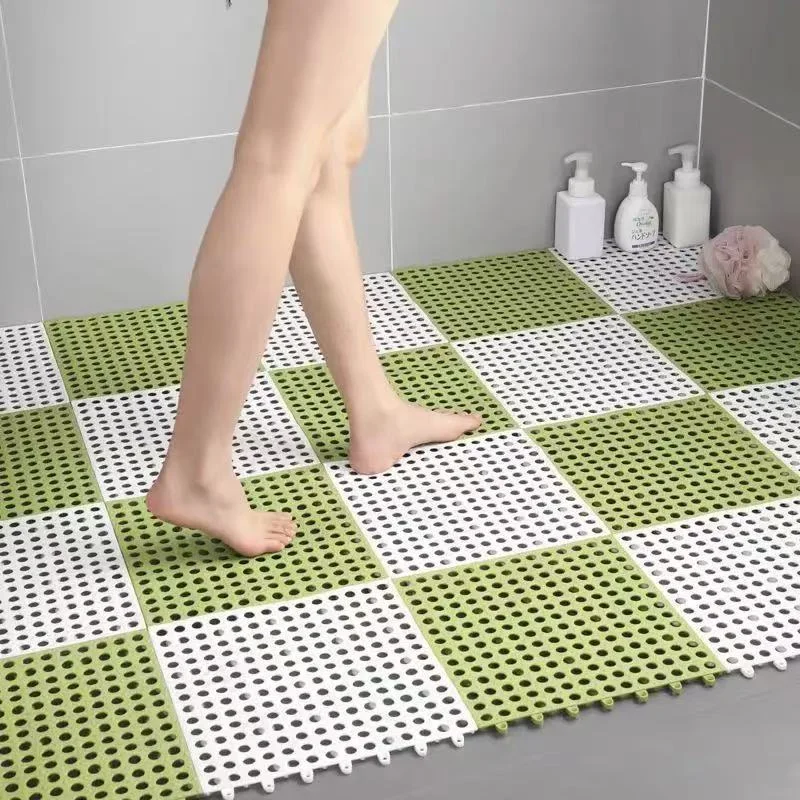 White And Green DIY Interlocking Non-Slip Floor Tiles - 18-Pack PVC Drainage Mat for Shower & Bathroom Safety