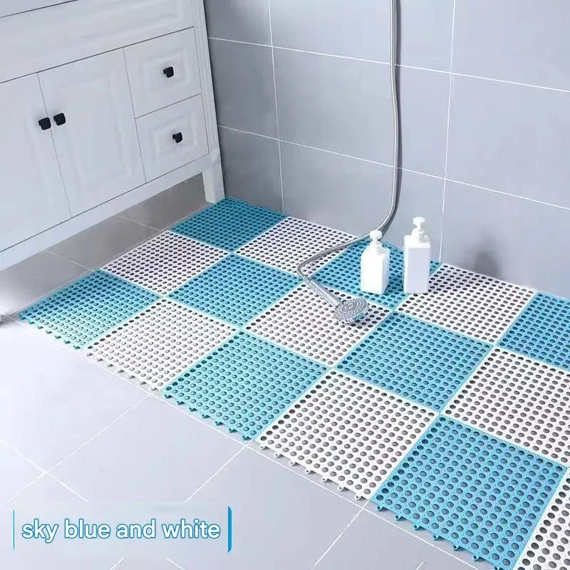 Sky Blue And White DIY Interlocking Non-Slip Floor Tiles - 12-Pack PVC Drainage Mat for Shower & Bathroom Safety