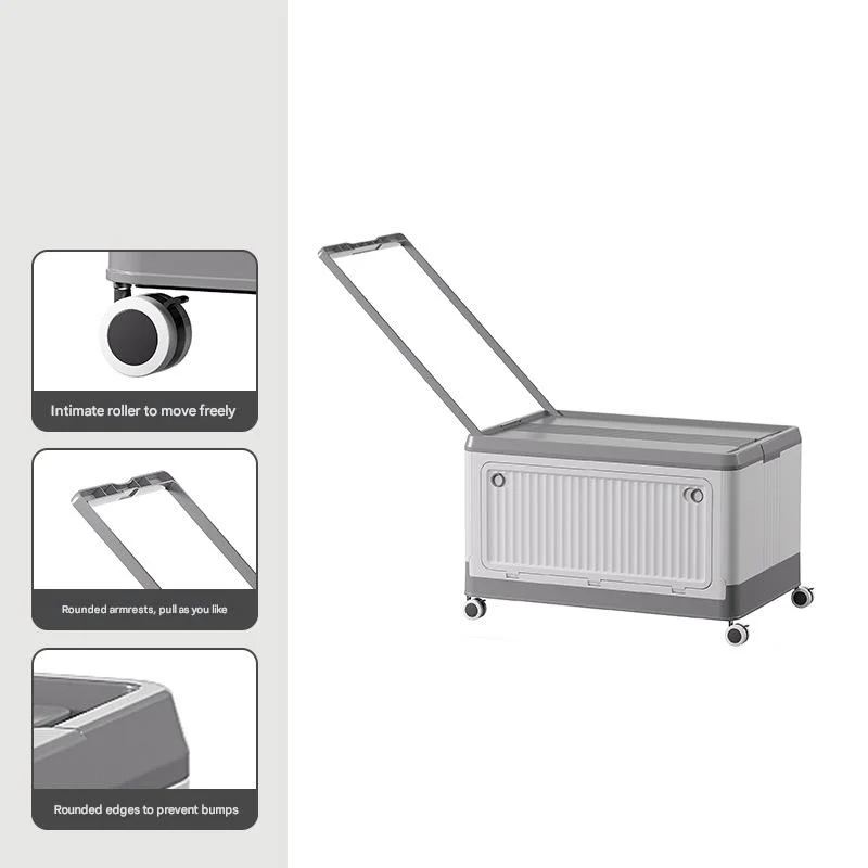 Size S Grey Collapsible Storage Box with Wheels and Telescopic Handle - Stackable Folding Crate for Car & Home