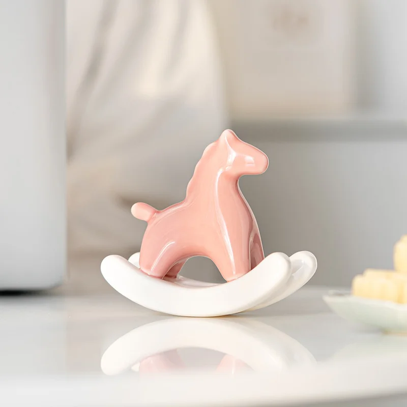 Pink Modern Ceramic Rocking Horse Ornament - Cute Porcelain Figurine for Desk & Shelf Decor