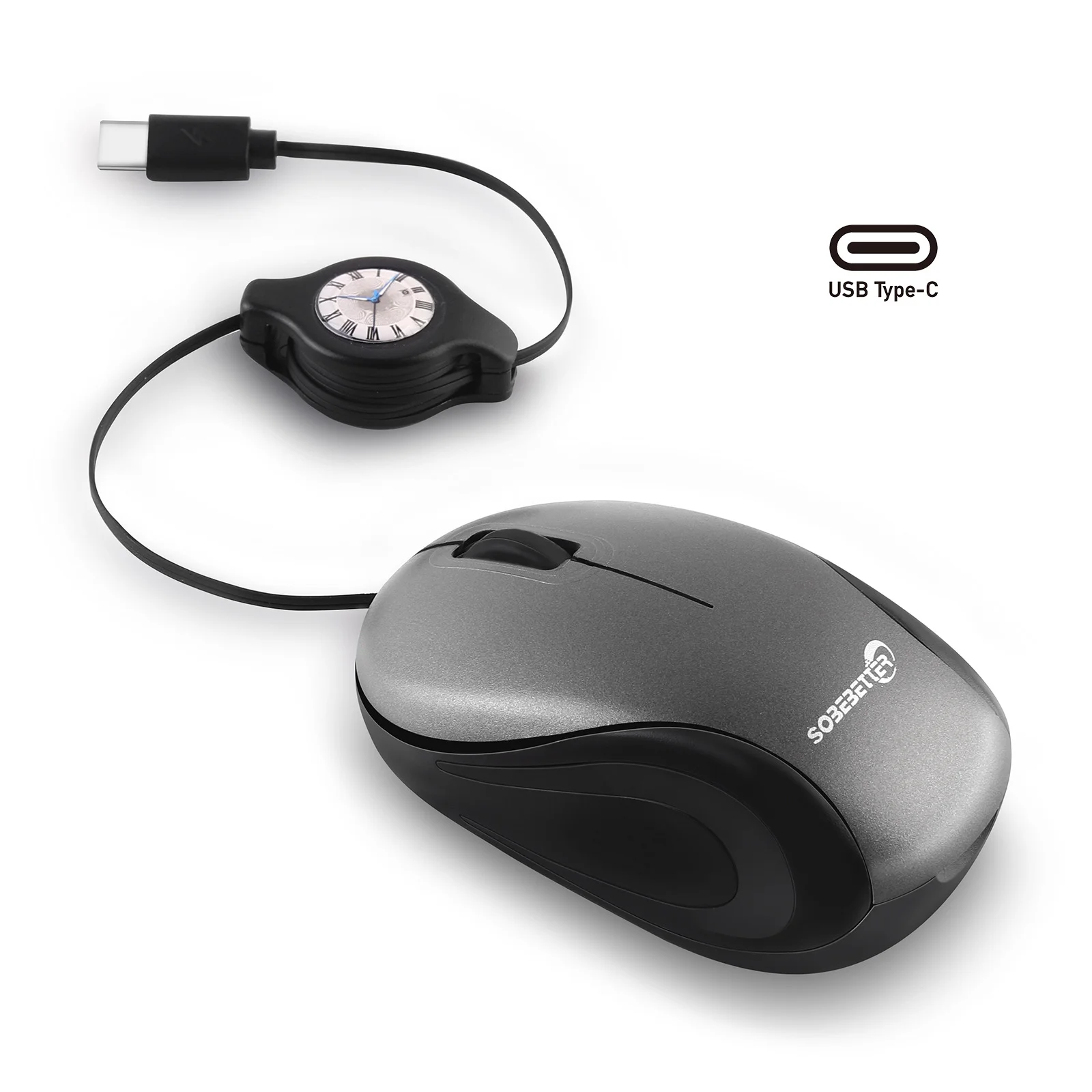 Grey and Black Portable Mini USB-C Mouse with Retractable Cable - Silent Click Travel Mouse for Laptop, MacBook, Tablet
