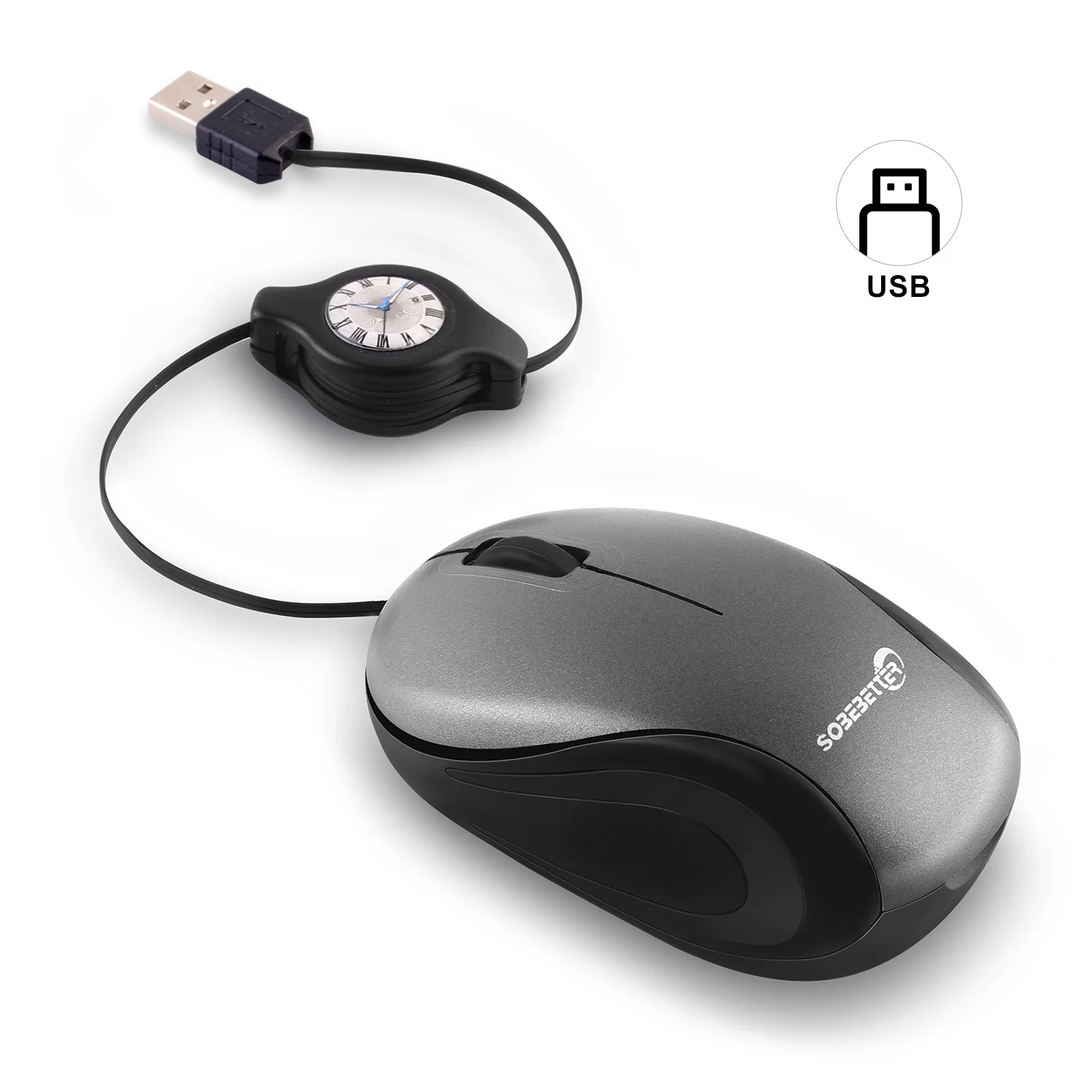 Grey and Black Portable Mini USB Mouse with Retractable Cable - Compact Travel Mouse for PC and Laptop