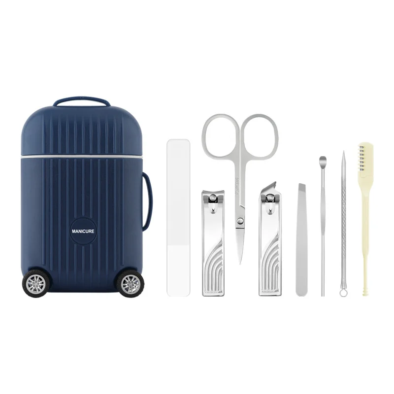 Dark Blue Mini Suitcase Manicure Set - 8-Piece Portable Grooming & Nail Care Travel Kit