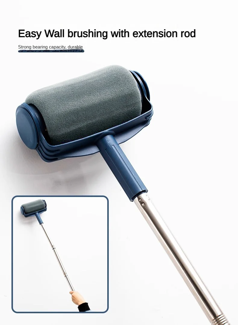 Dark Blue and Grey Pro Refillable Paint Roller Set with Extension Pole - No-Drip Easy Fill Wall Painting Tool Kit