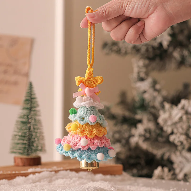 2 Pcs Style D Colorful Handmade Crochet Christmas Tree Ornament - Festive Hanging Decoration with Jingle Bell