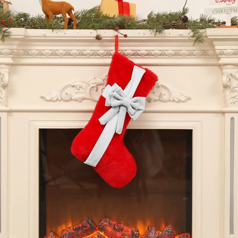 2 Pcs Red Stitching White Bow Luxurious Velvet Christmas Stocking with Elegant Bow - Large 45cm Holiday Mantel Decoration