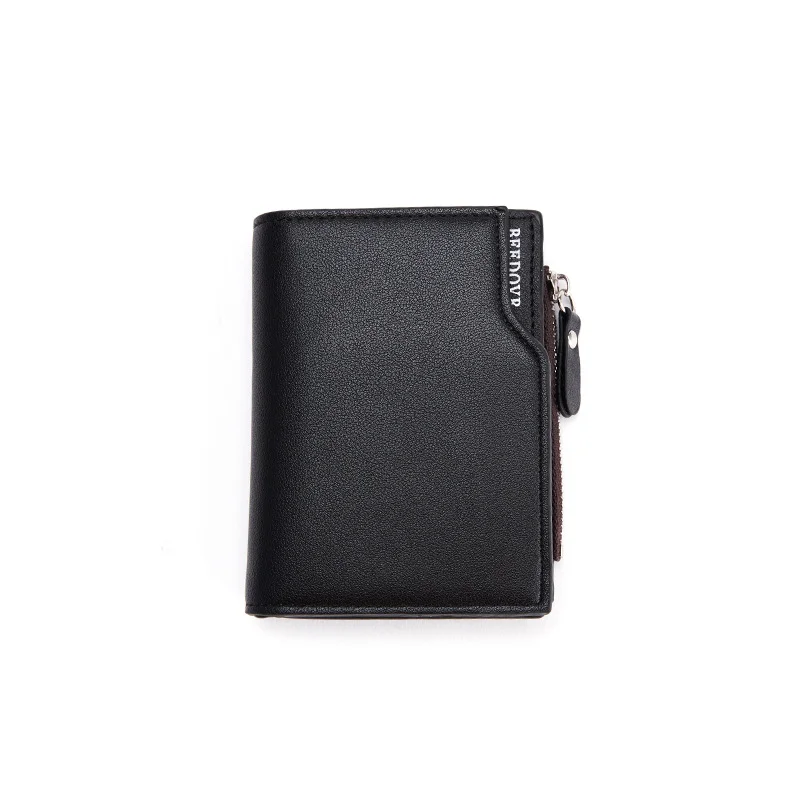 Black Men's Slim Vertical Bifold Wallet - PU Leather Card Holder with Zipper Coin Pocket and ID Window