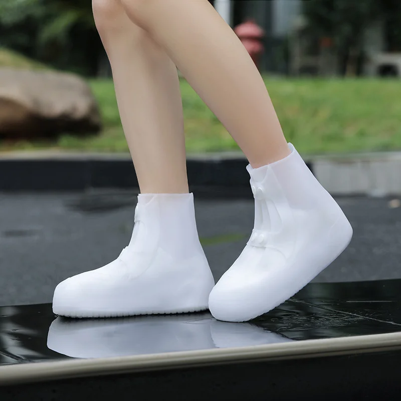 2 Pcs Size L White Reusable Waterproof Shoe Covers - Heavy Duty Non-Slip Rain Boot Protectors