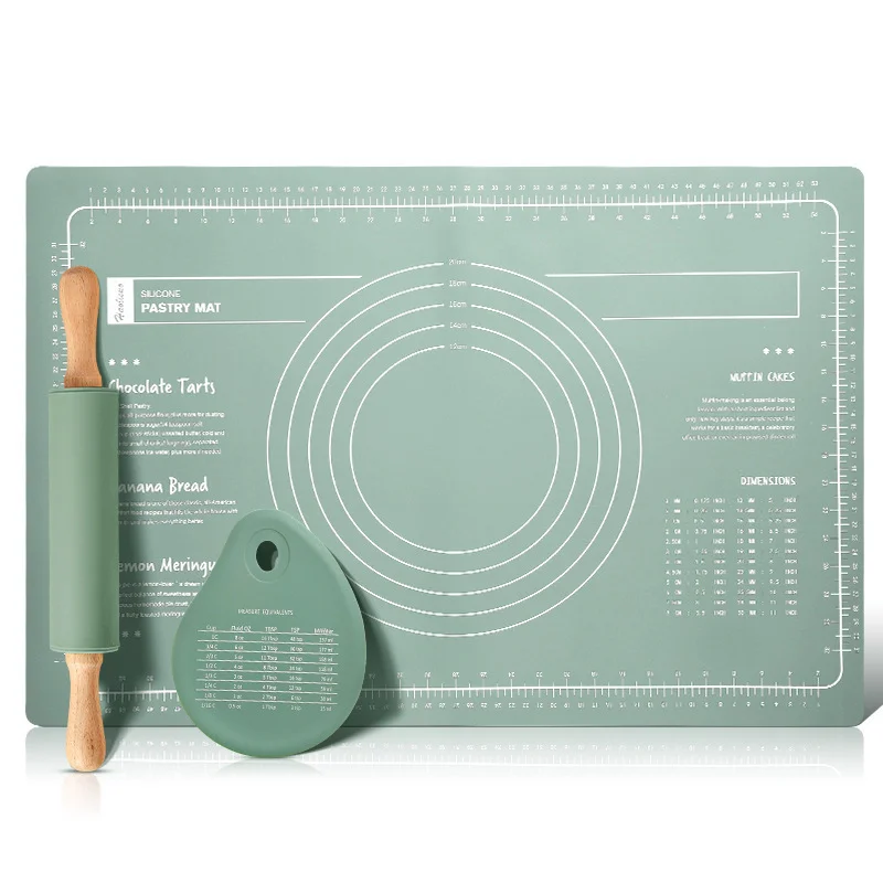 Green 3-Piece Silicone Baking Set - Non-Stick Pastry Mat with Measurements, Rolling Pin & Dough Scraper