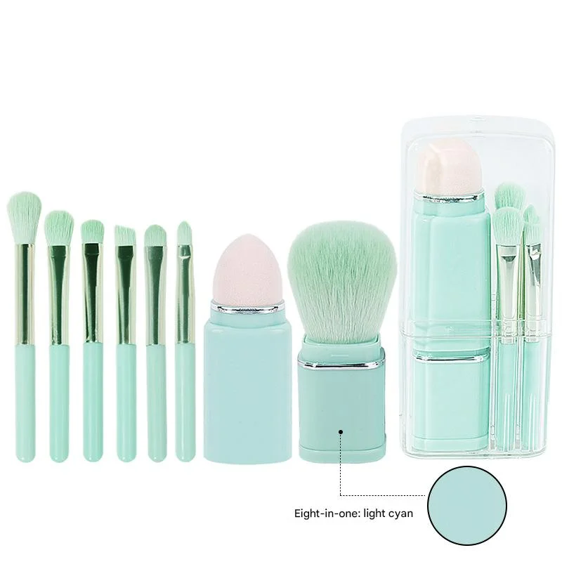 Lighgt Cyan Compact 8-in-1 Makeup Brush Set - Portable Travel Kit with Retractable Brushes and Case