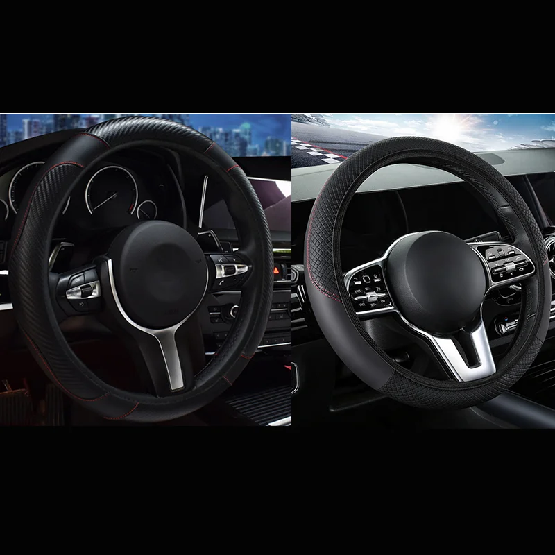 2-Pack (Type A + Type B)Black Sporty Carbon Fiber Leather Steering Wheel Cover - Universal 38cm Easy-Fit Elastic Grip