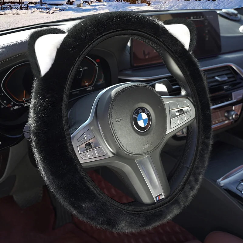 Black Plush Cat Ear Steering Wheel Cover - Cute & Fuzzy Winter Grip, Universal 38cm Fit