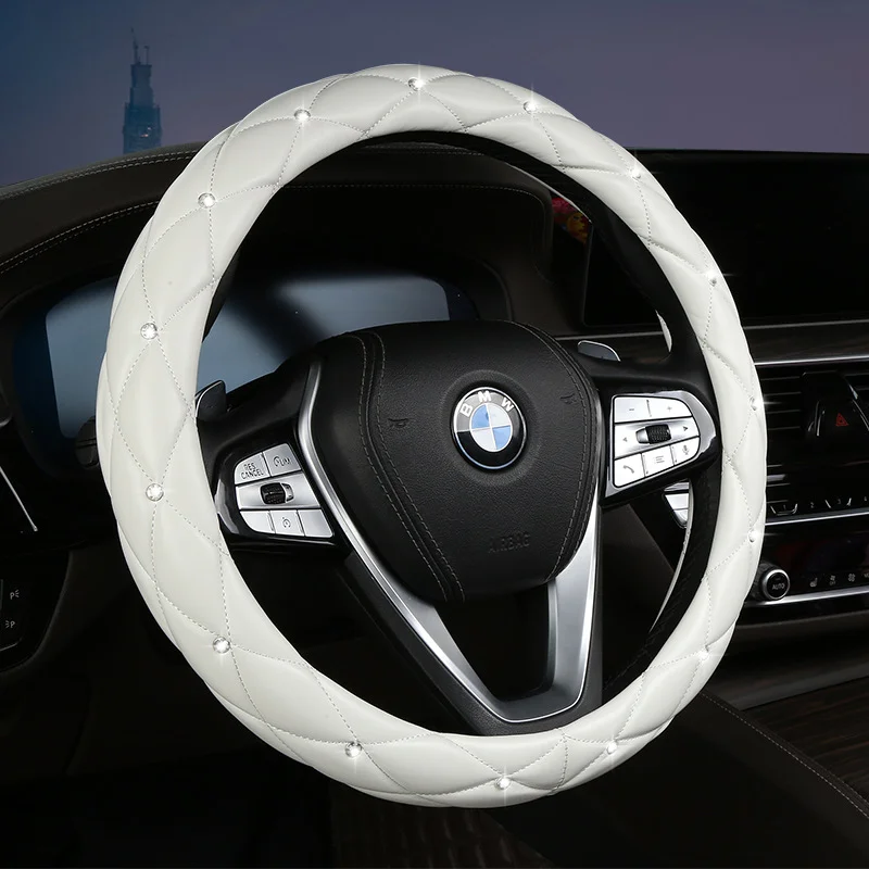 White Luxury Bling Steering Wheel Cover - Black Quilted Leather with Crystal Rhinestones, Universal 38cm Fit