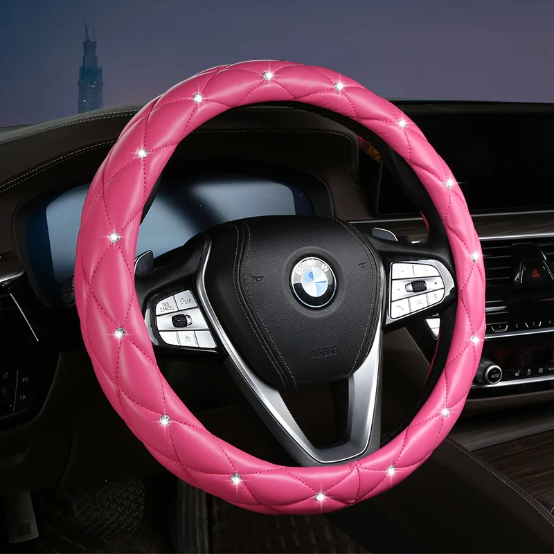 Rose Red Luxury Bling Steering Wheel Cover - Black Quilted Leather with Crystal Rhinestones, Universal 38cm Fit