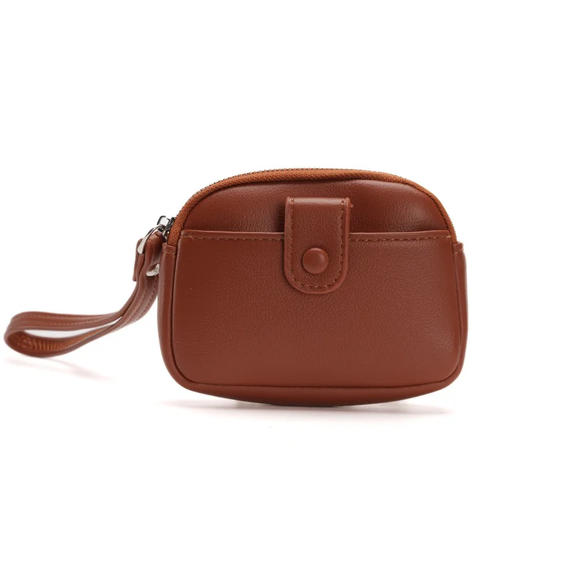 Brown Womens Compact PU Leather Coin Purse - Stylish Mini Wallet Wristlet with Card Holder and Key Ring