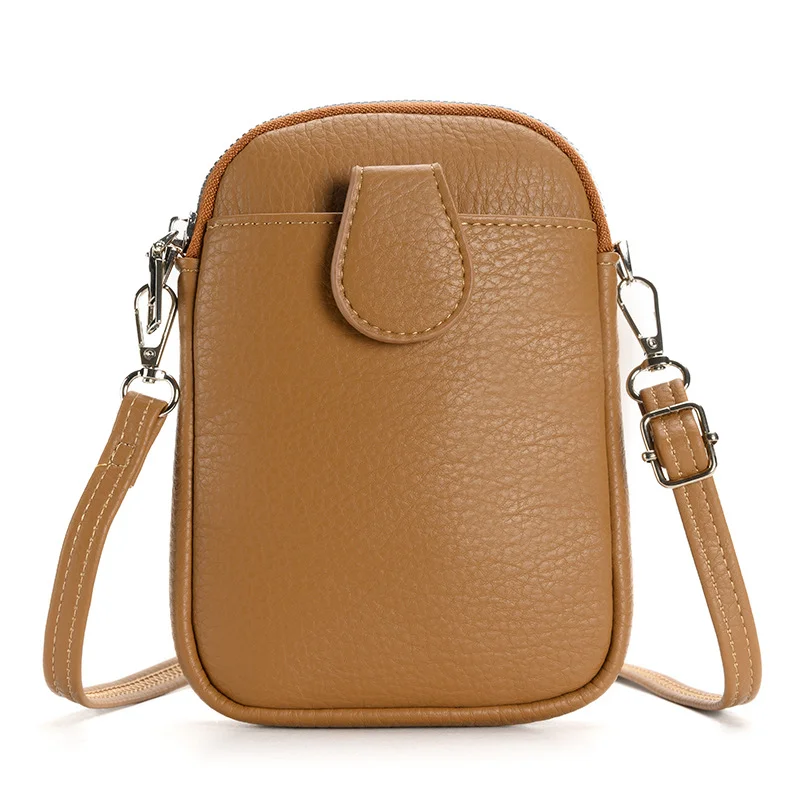 Brown Chic Crossbody Phone Bag - Womens PU Leather Mini Shoulder Purse with Adjustable Strap