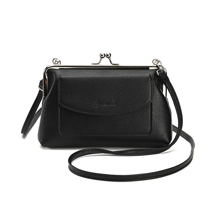 Black Women's Vintage Kiss Lock Crossbody Bag - PU Leather Clutch Purse with Detachable Strap