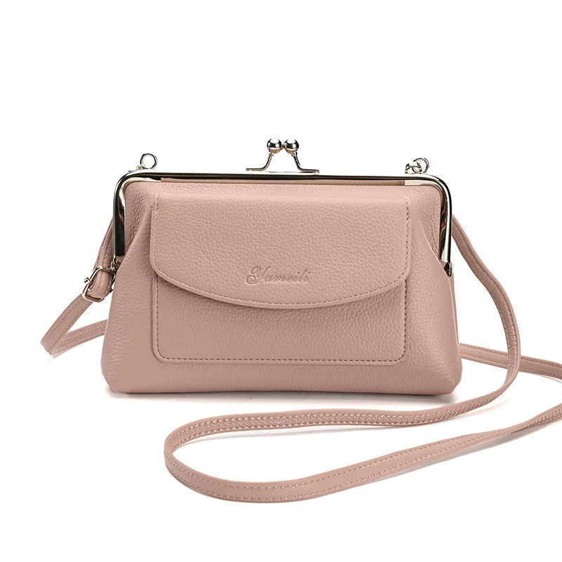Pink Women's Vintage Kiss Lock Crossbody Bag - PU Leather Clutch Purse with Detachable Strap