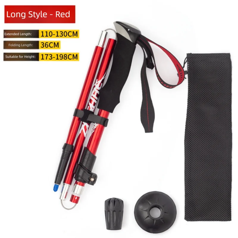 Long Red Ultralight Foldable Hiking Pole - Adjustable Aluminium Trekking Stick with EVA Grip for Outdoor Walking & Climbing
