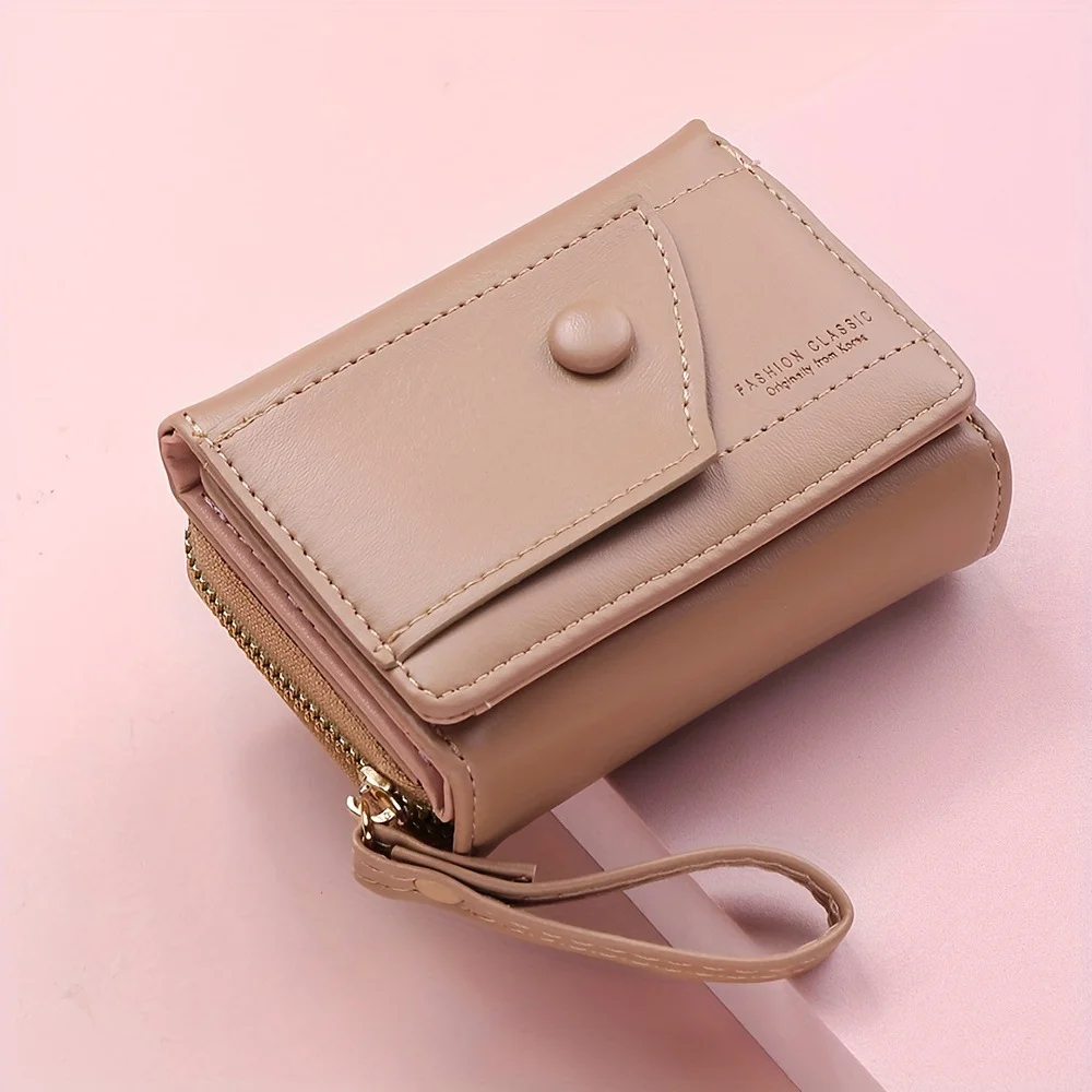Khaki Chic Compact Trifold Wallet for Women - PU Leather Card Holder with Zipper Coin Purse & Wristlet Strap