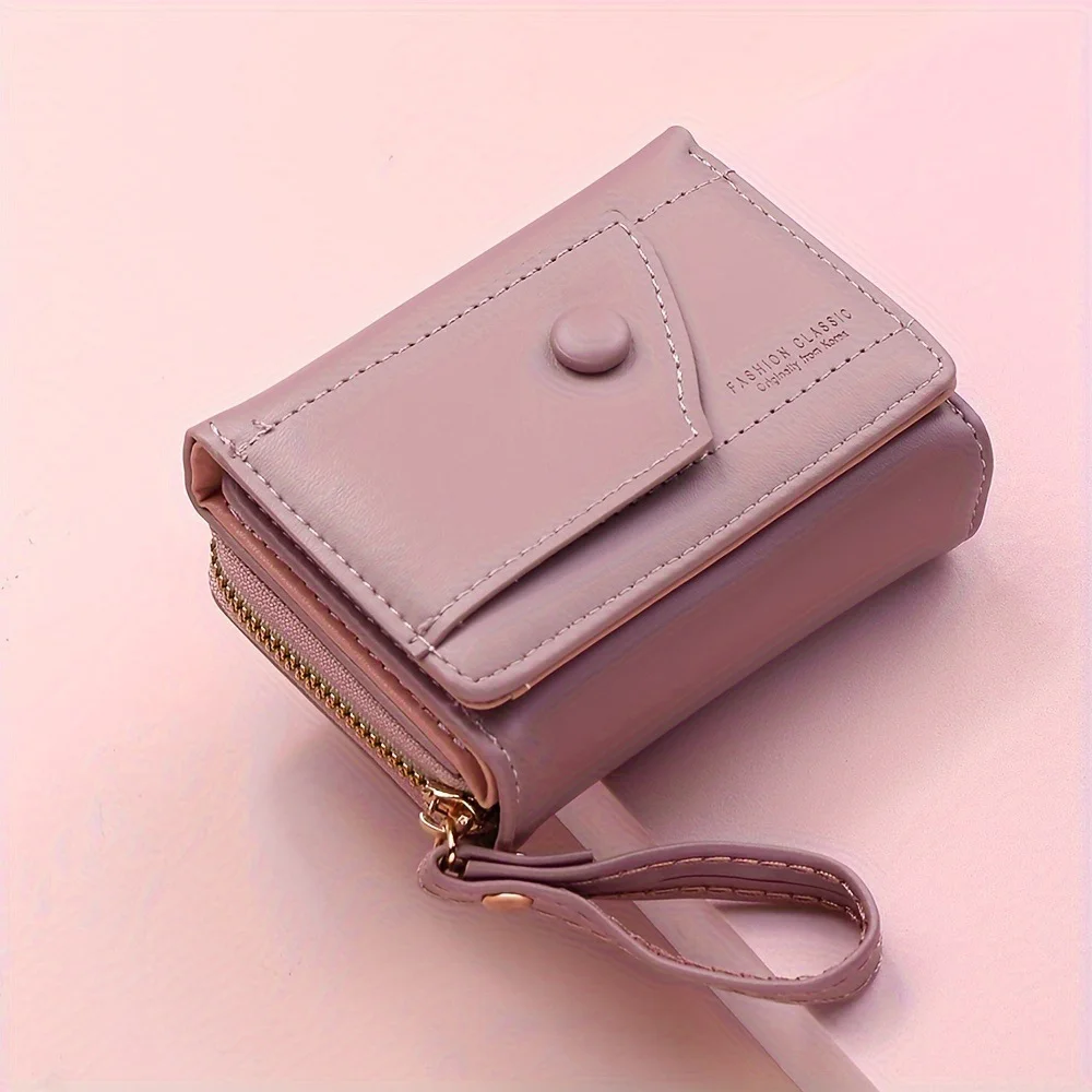 Purple Chic Compact Trifold Wallet for Women - PU Leather Card Holder with Zipper Coin Purse & Wristlet Strap