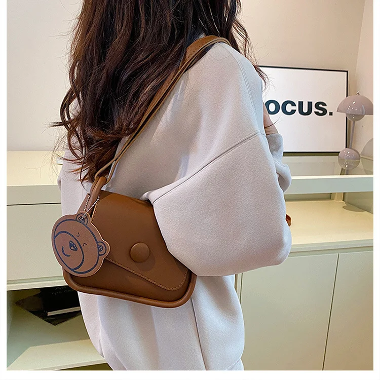 Brown Chic PU Leather Crossbody Bag with Cute Bear Charm - Adjustable Strap Shoulder Purse